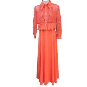 Vintage 70s Coral Maxi Dress Set Textured Jacket Disco Hostess Retro Glam